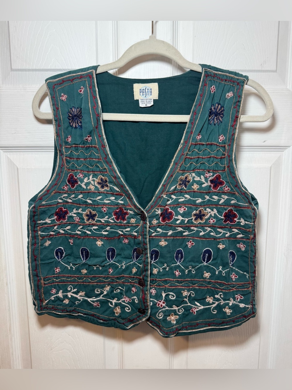 Vintage Pasta Cotton Embroidered Floral Green Button Up Vest Women’s Medium